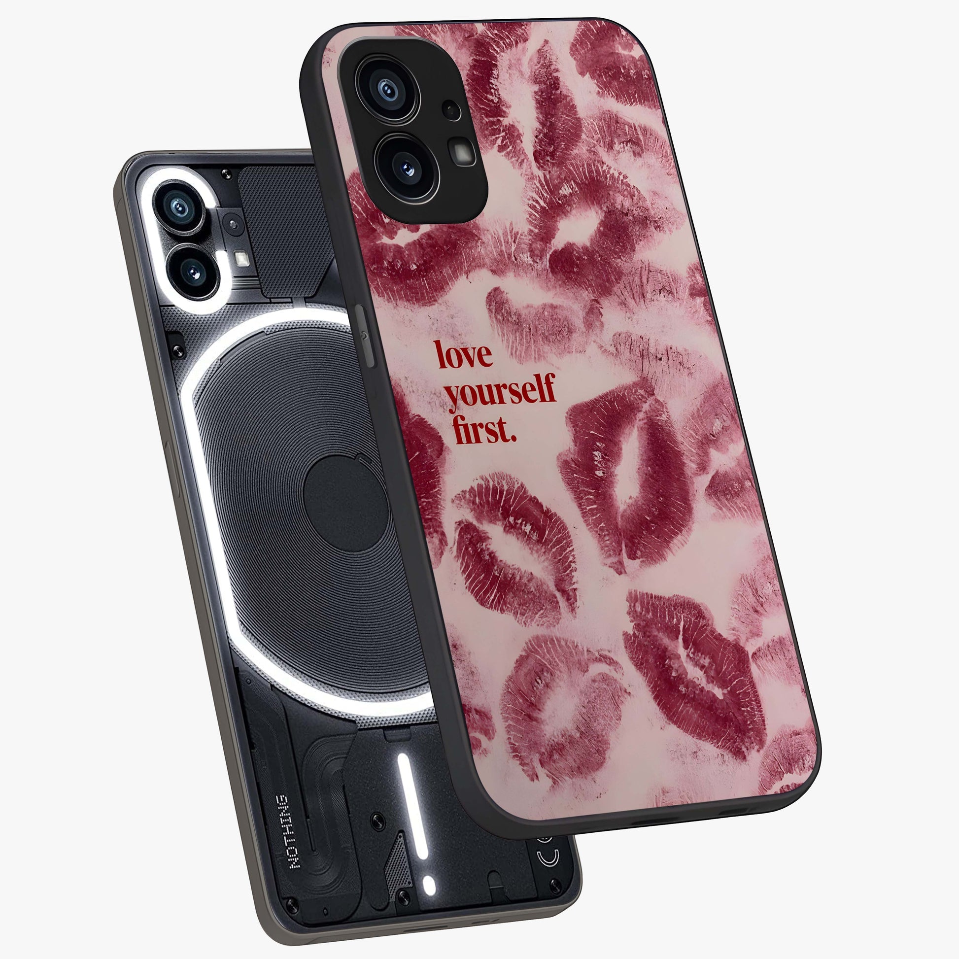 Crimson Kiss Love Glass Case displayed in angled mockup highlighting bold love inspired design with modern aesthetic style.
