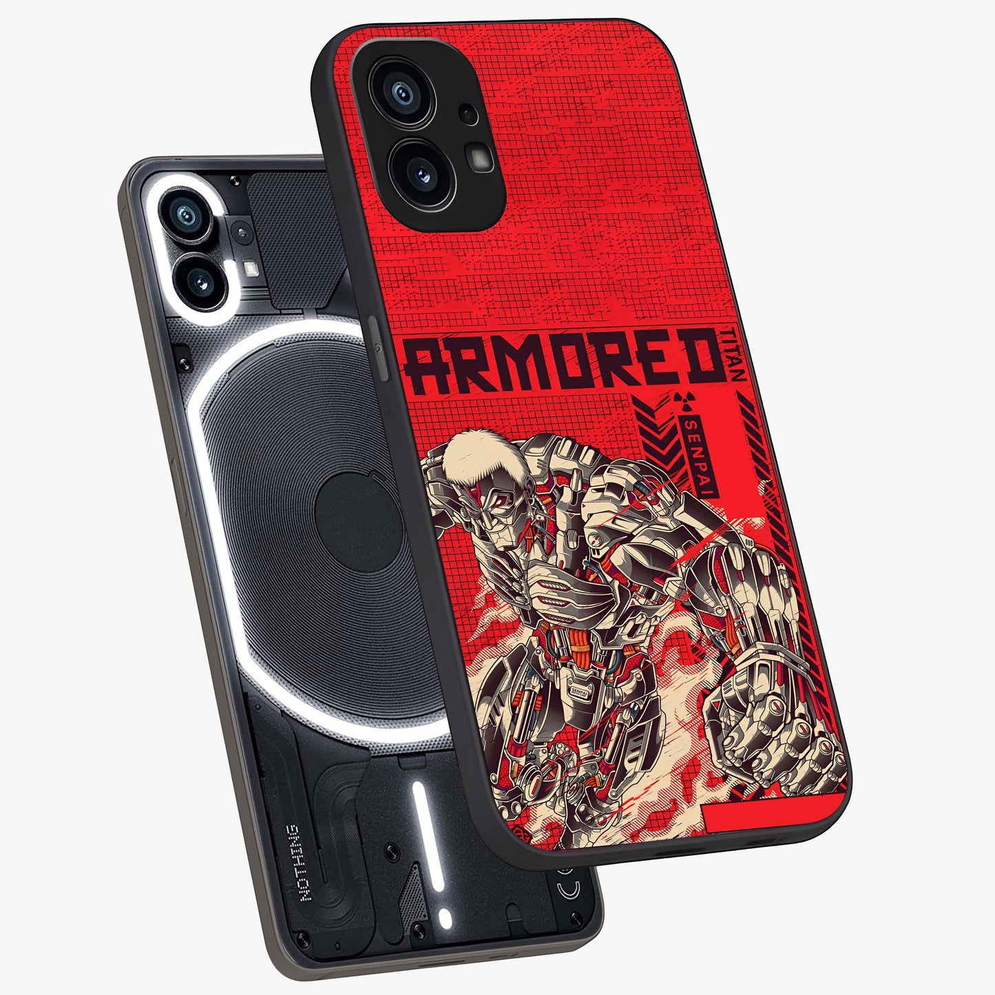 Crimson Mecha Titan Glass Case displayed in angled mockup highlighting futuristic mech illustration with bold crimson aesthetic.