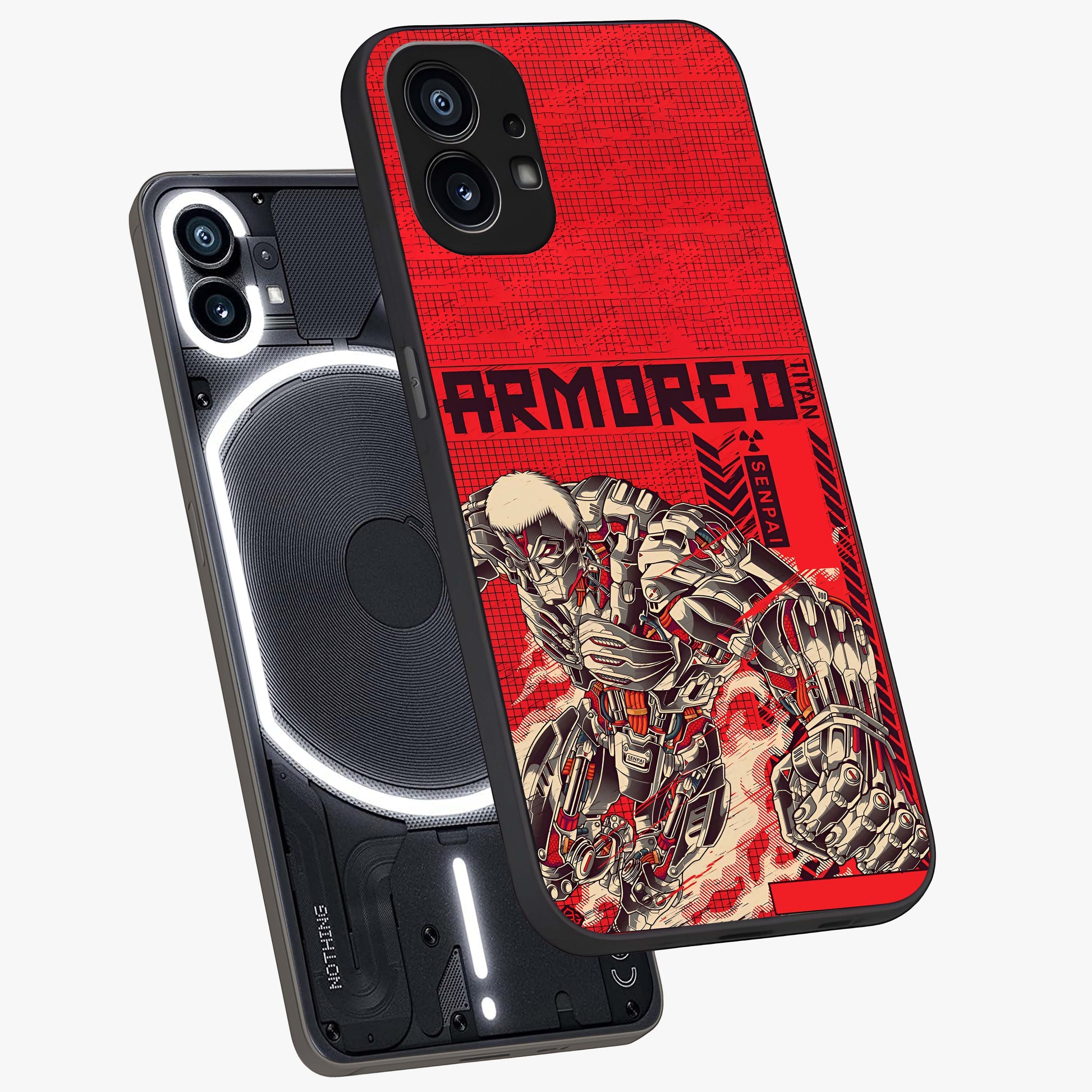 Crimson Mecha Titan Glass Case displayed in angled mockup highlighting futuristic mech illustration with bold crimson aesthetic.