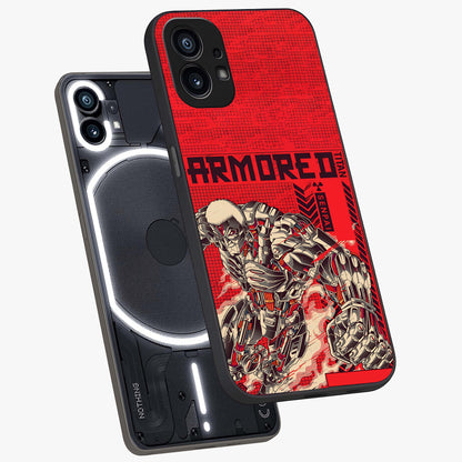 Crimson Mecha Titan Glass Case displayed in angled mockup highlighting futuristic mech illustration with bold crimson aesthetic.