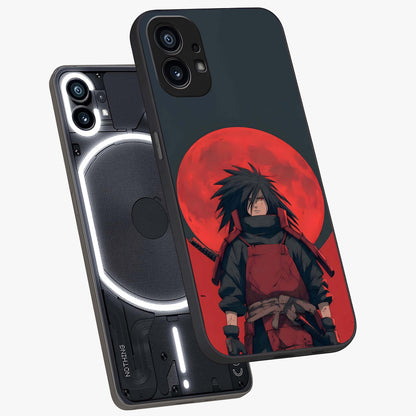 Crimson Moon Warlord Glass Case displayed in angled mockup highlighting dramatic crimson moon design with fantasy aesthetic.