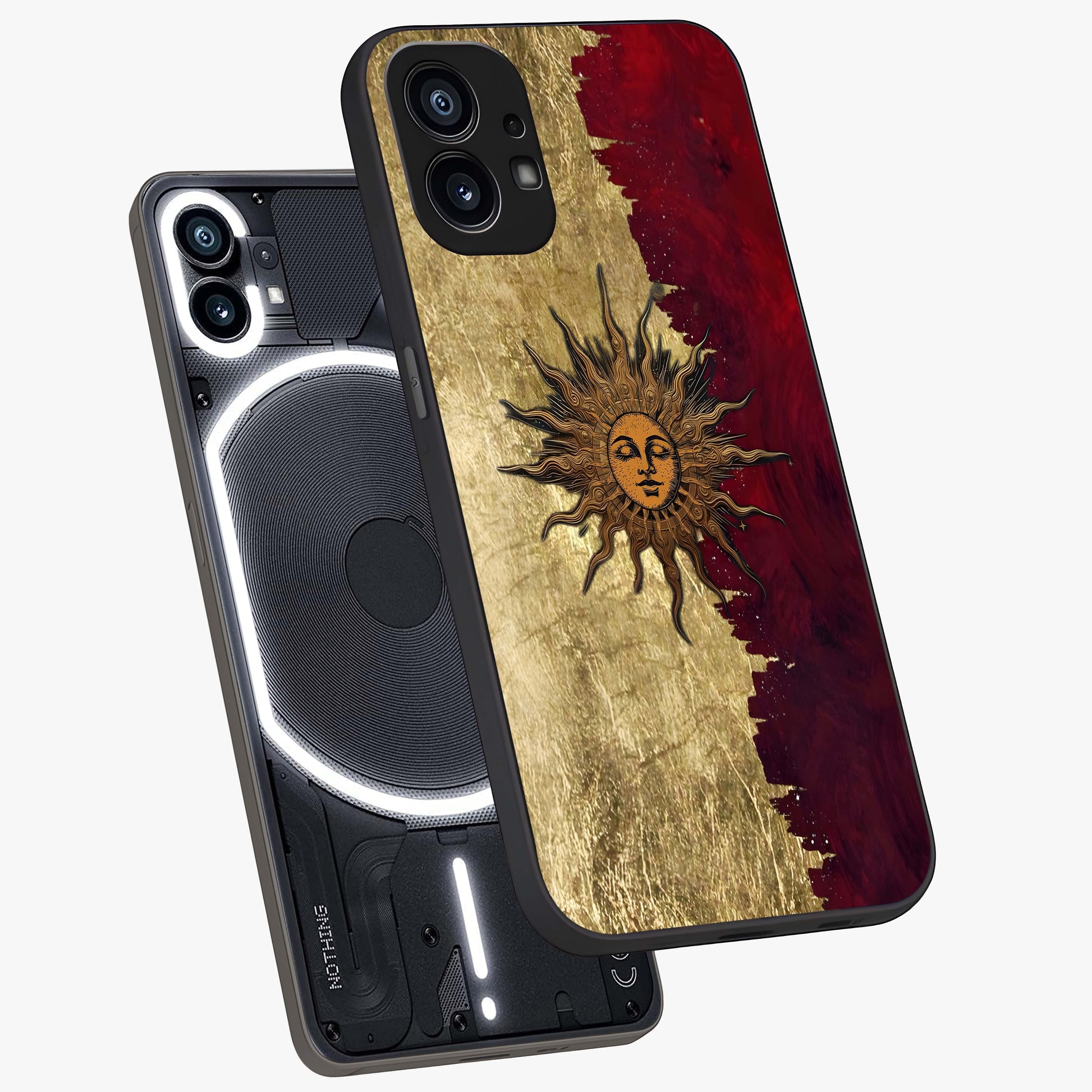 Crimson Sun Majesty Glass Case displayed in angled mockup highlighting majestic crimson sun design with bold aesthetic style.