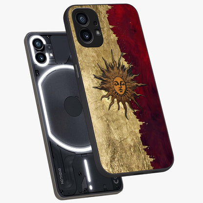 Crimson Sun Majesty Glass Case displayed in angled mockup highlighting majestic crimson sun design with bold aesthetic style.
