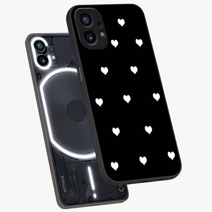 Cute And Simple White Hearts Glass Case displayed in angled mockup highlighting cute heart design with clean aesthetic style.