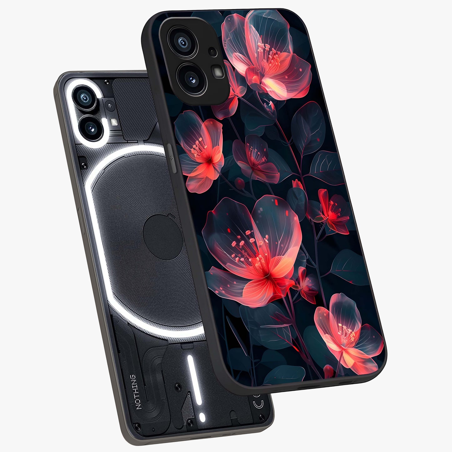 Dark Shade of Flower Glass Case displayed in angled mockup highlighting moody floral illustration with aesthetic dark tones.