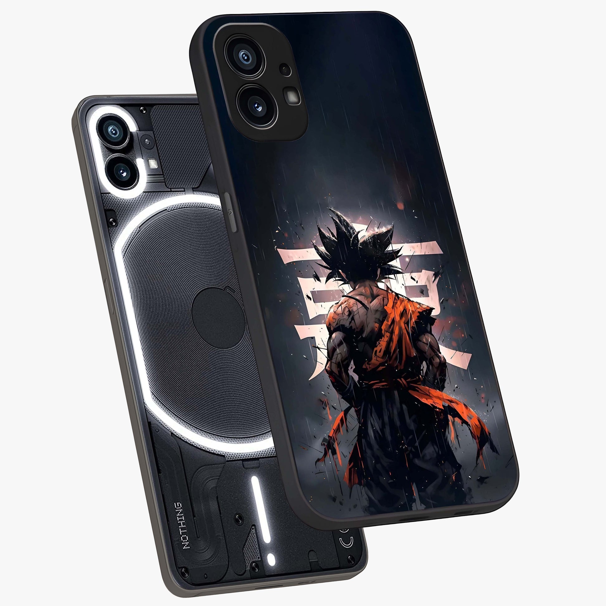 Dark Warrior In Rain Glass Case displayed in angled mockup highlighting dramatic warrior illustration with dark rain aesthetic.