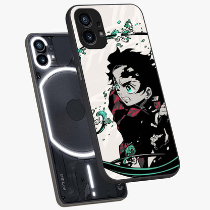 Demon Slayer Glass Case displayed in angled mockup highlighting dramatic anime character design with action aesthetic.