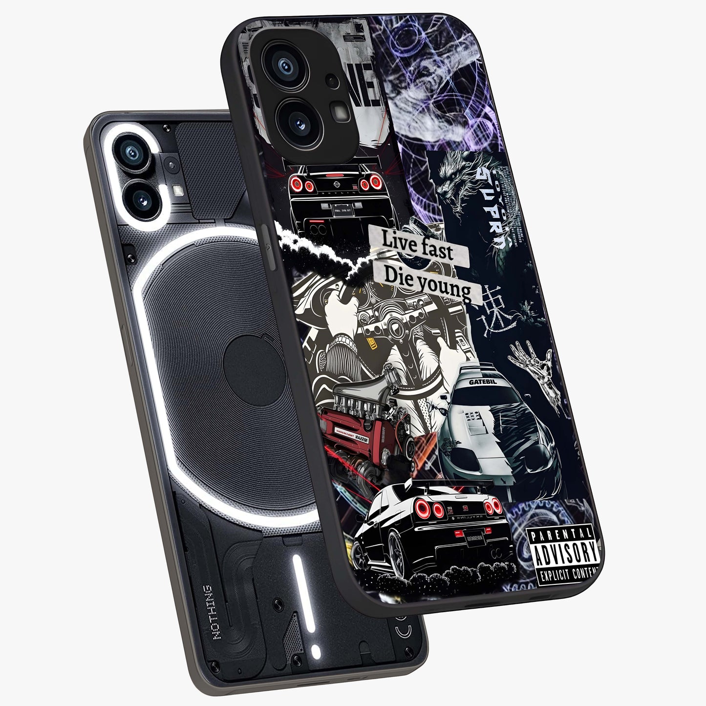 Die Young Glass Case displayed in angled mockup highlighting expressive graphic artwork with edgy aesthetic style.