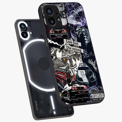 Die Young Glass Case displayed in angled mockup highlighting expressive graphic artwork with edgy aesthetic style.