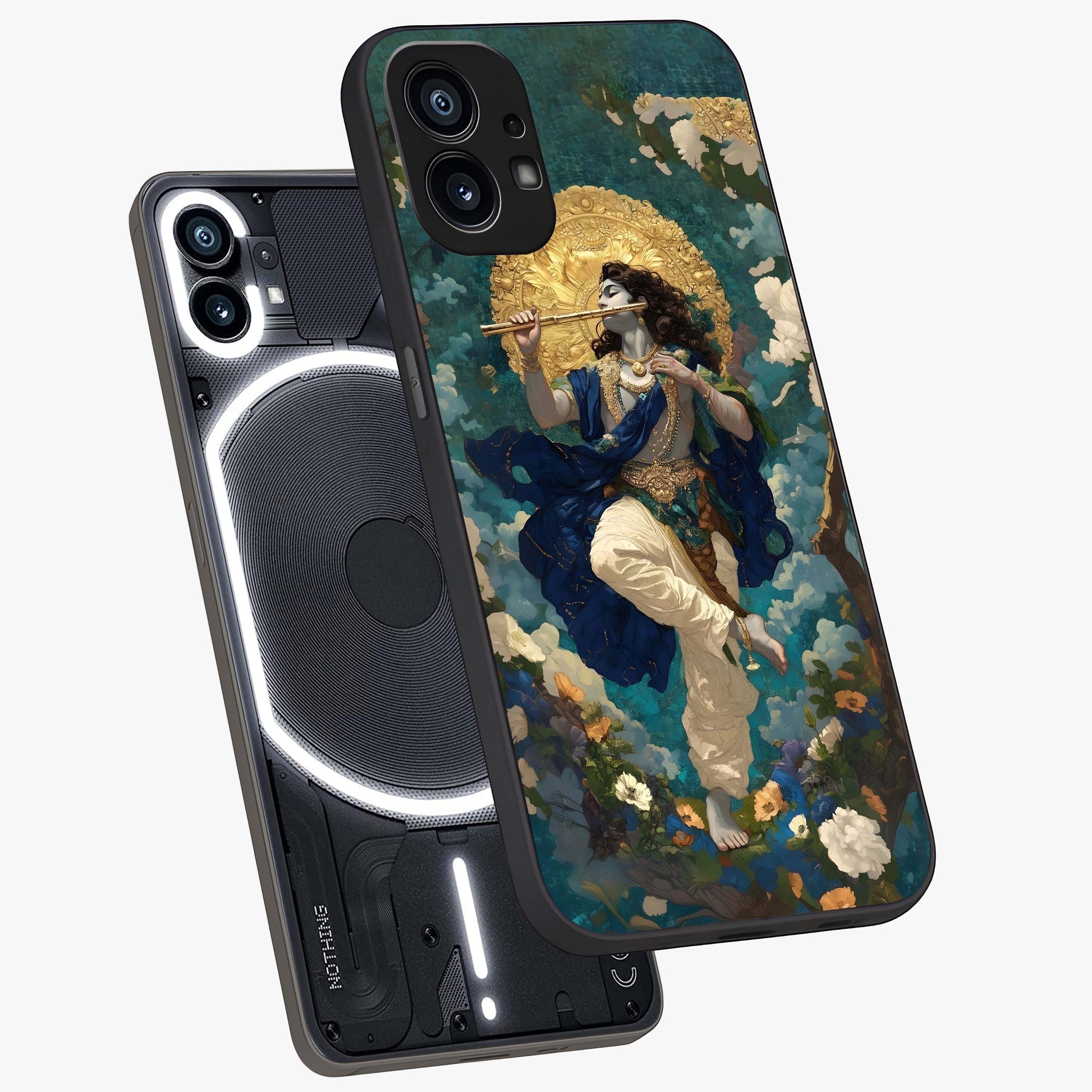 Divine Krishna Art Glass Case displayed in angled mockup highlighting spiritual Krishna illustration with devotional aesthetic.