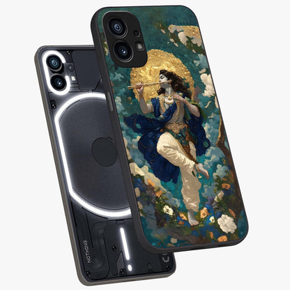 Divine Krishna Art Glass Case displayed in angled mockup highlighting spiritual Krishna illustration with devotional aesthetic.