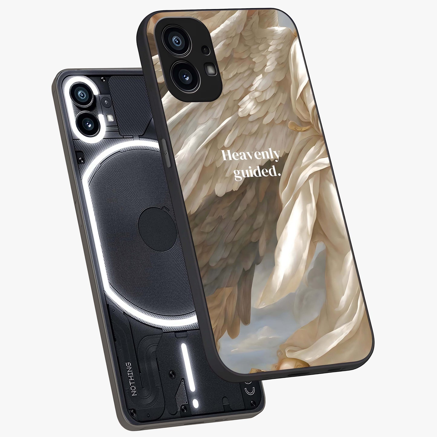 Divine Winged Grace Glass Case displayed in angled mockup highlighting graceful wing design with divine aesthetic style.