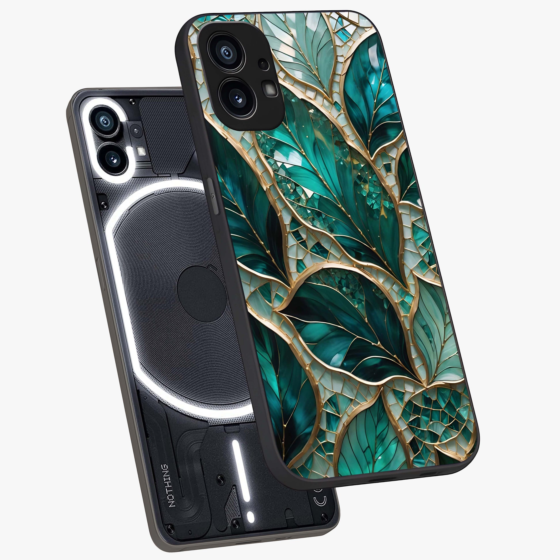 Emerald Leaf Glass Glass Case displayed in angled mockup highlighting botanical leaf illustration with elegant natural aesthetic.