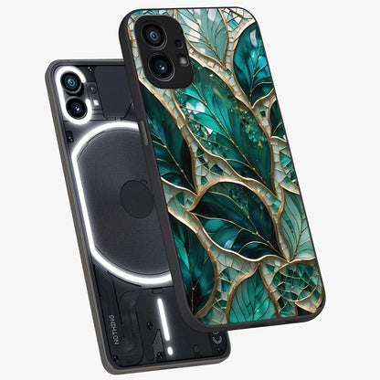 Emerald Leaf Glass Glass Case displayed in angled mockup highlighting botanical leaf illustration with elegant natural aesthetic.