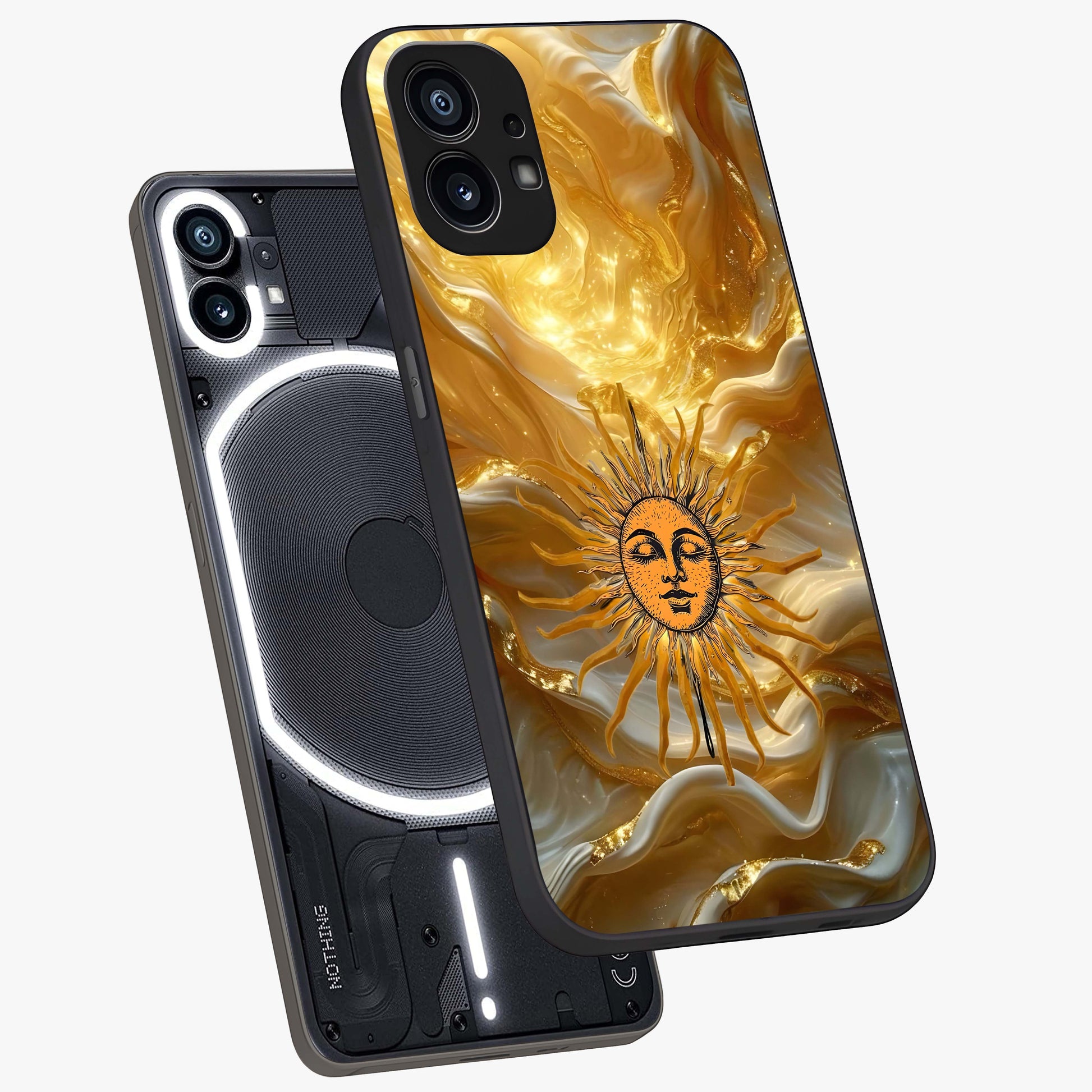 Eternal Golden Glow Glass Case displayed in angled mockup highlighting glowing golden aesthetic design with elegant style.