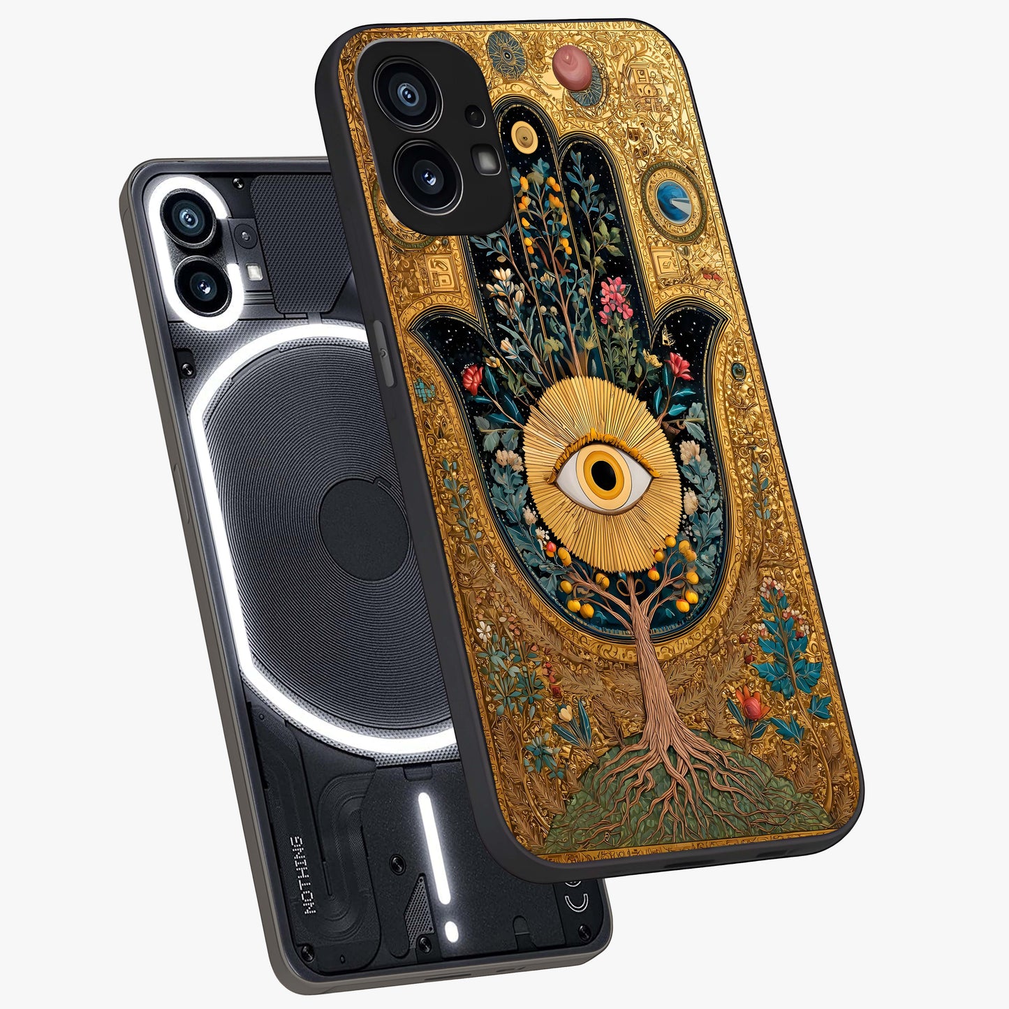 Ethereal Evil Eye Glass Case displayed in angled mockup highlighting protective evil eye symbol with spiritual aesthetic design.