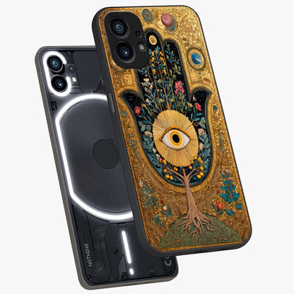 Ethereal Evil Eye Glass Case displayed in angled mockup highlighting protective evil eye symbol with spiritual aesthetic design.