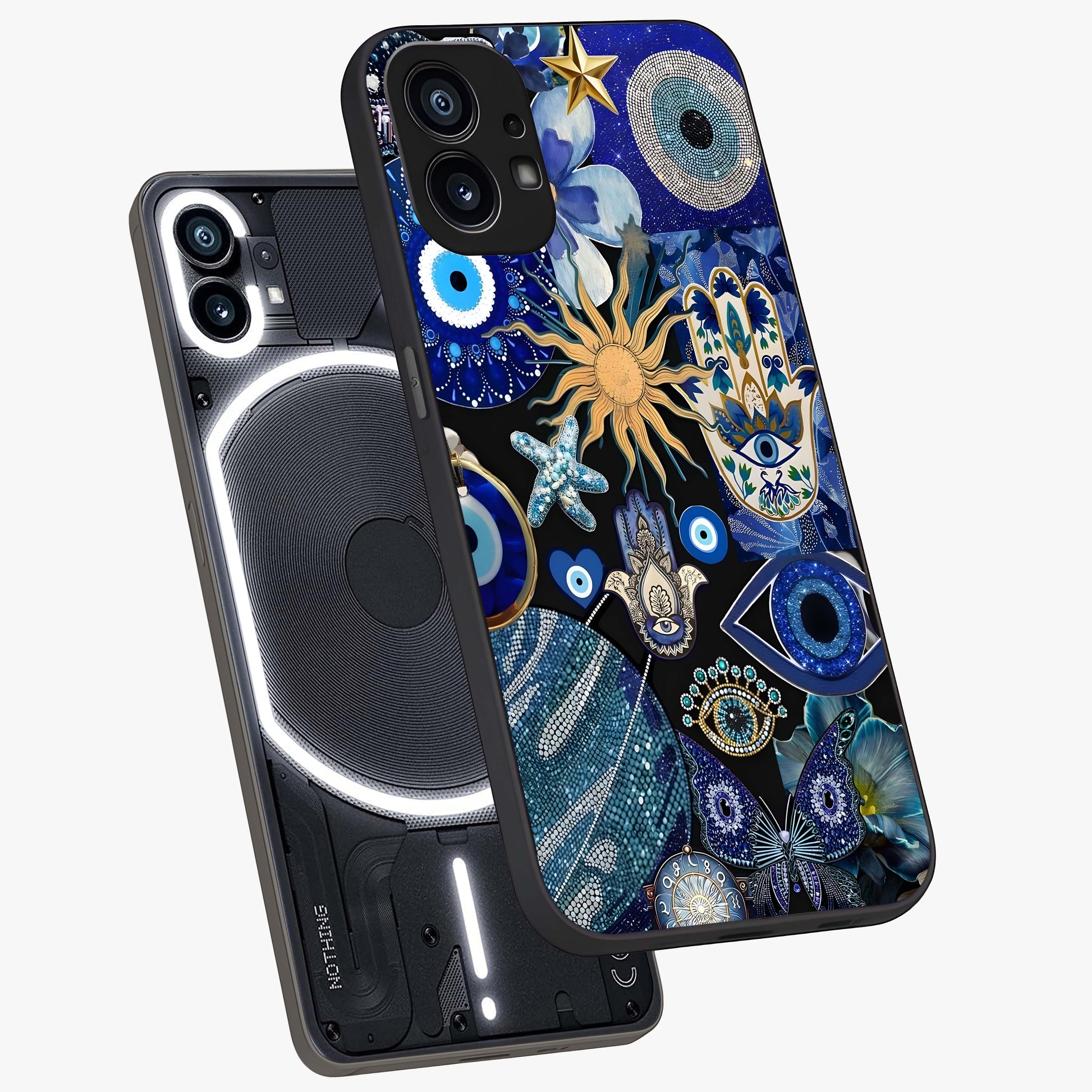 Evil Eye Charm Mix Glass Case displayed in angled mockup highlighting protective evil eye symbols with spiritual aesthetic design.