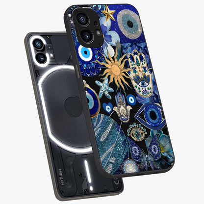 Evil Eye Charm Mix Glass Case displayed in angled mockup highlighting protective evil eye symbols with spiritual aesthetic design.