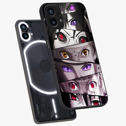 Eyes of Destiny Glass Case displayed in angled mockup highlighting bold eye illustration with mystical aesthetic style.