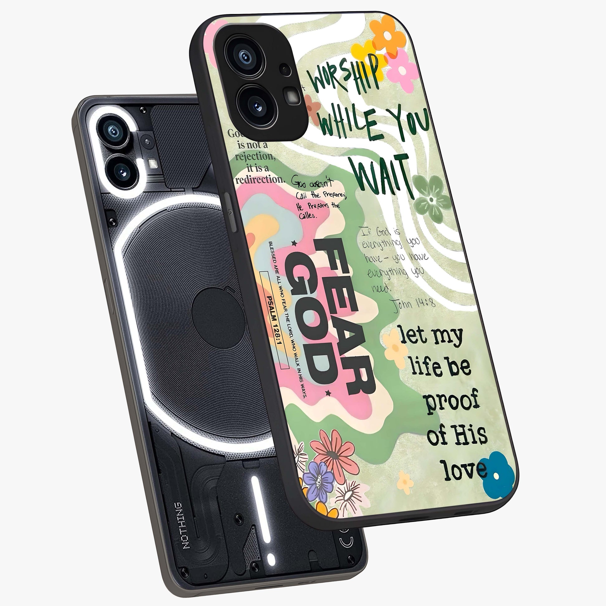 Faith Over Fear Glass Case displayed in angled mockup highlighting inspirational message design with modern aesthetic style.