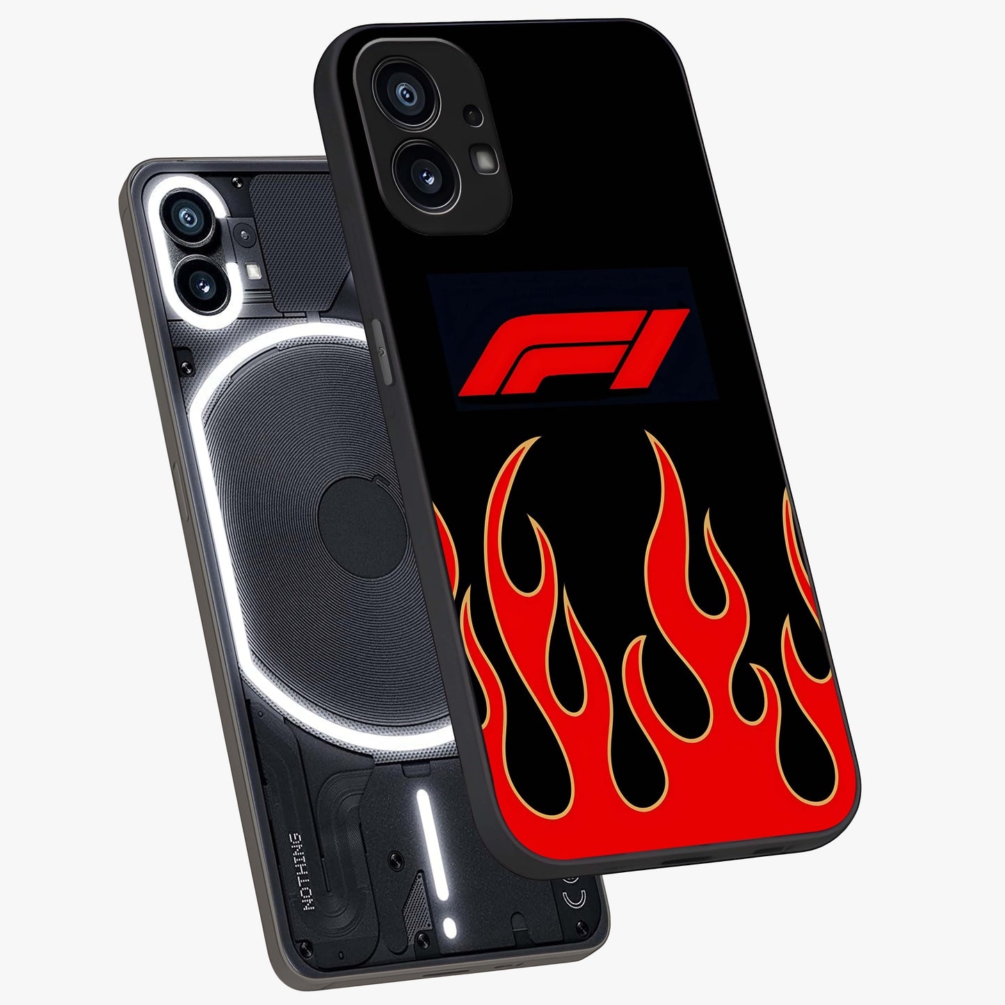 Fire F11 Glass Case displayed in angled mockup highlighting bold fire inspired graphic with energetic aesthetic style.