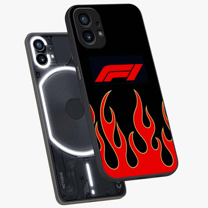 Fire F11 Glass Case displayed in angled mockup highlighting bold fire inspired graphic with energetic aesthetic style.