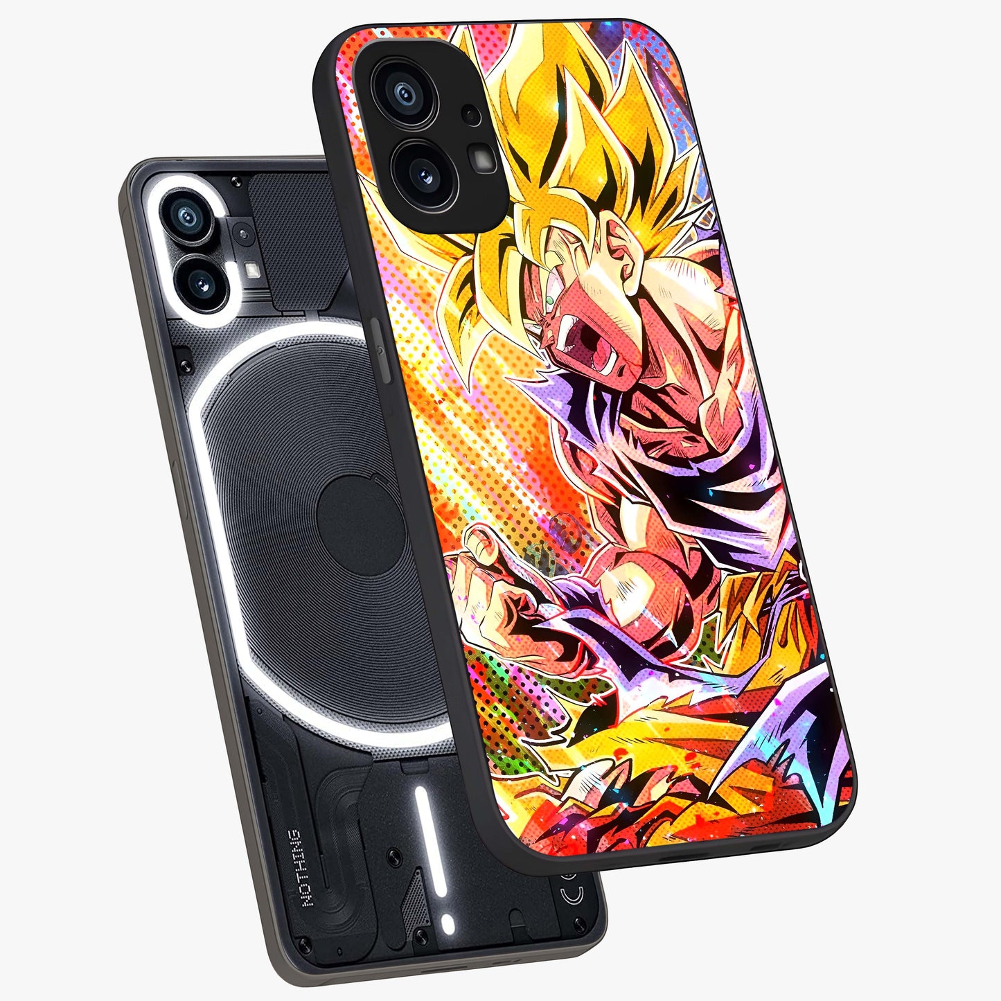 Firing Goku Glass Case displayed in angled mockup highlighting dynamic anime character design with action aesthetic.