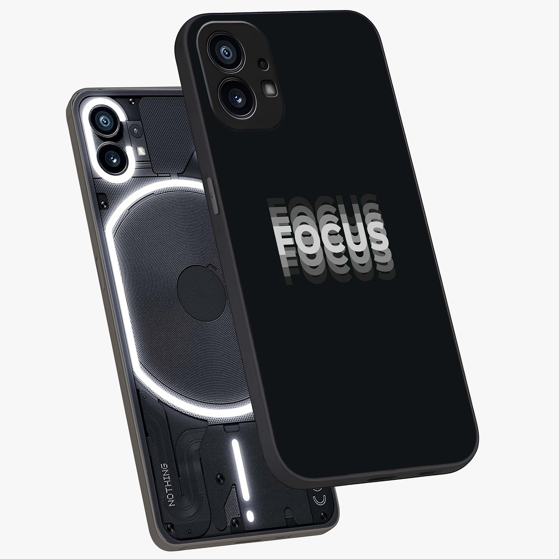 Focus Mode On Glass Case displayed in angled mockup highlighting clean minimal text artwork with modern aesthetic style.
