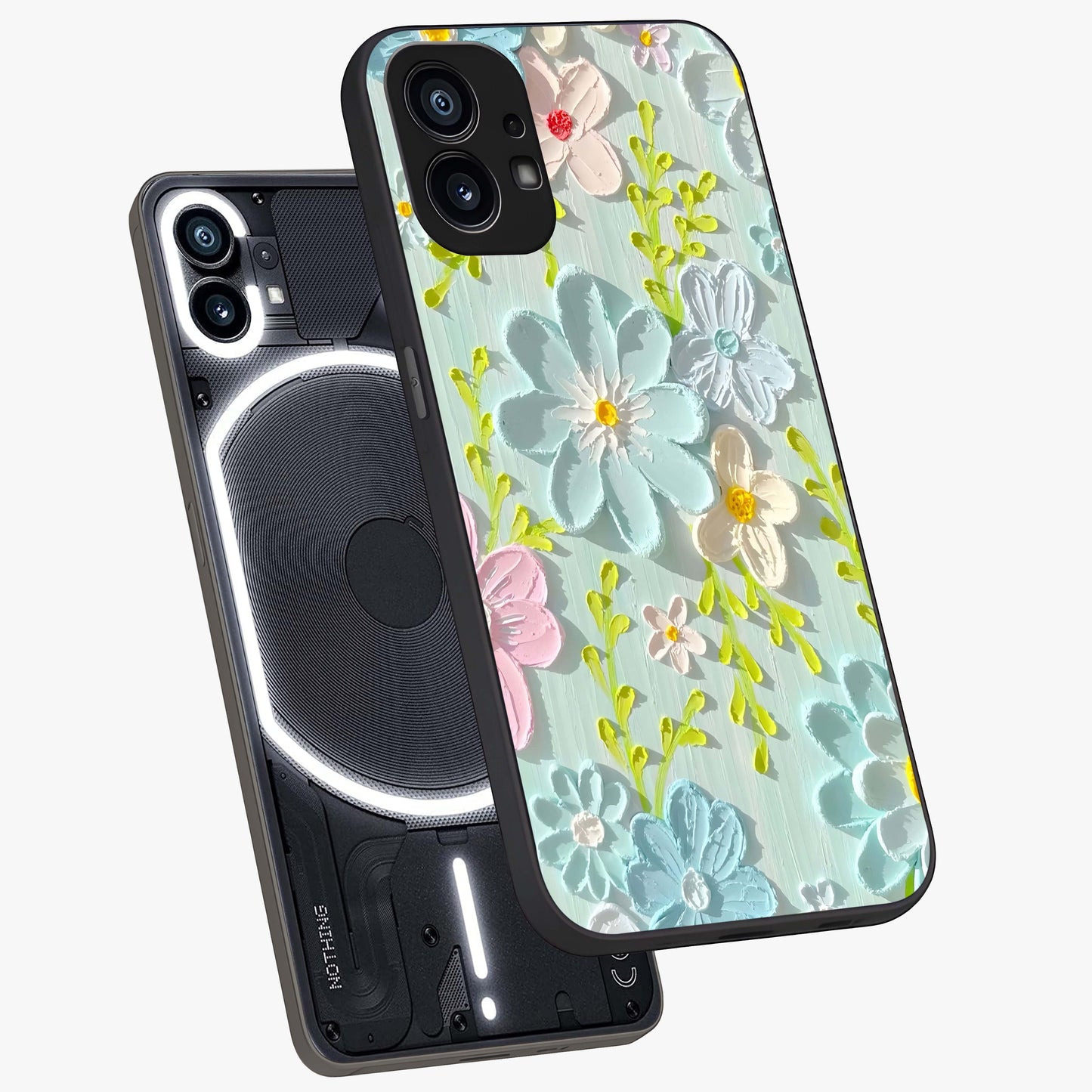 Frosted Petal Garden Glass Case displayed in angled mockup highlighting delicate flower petal design with calm garden aesthetic.