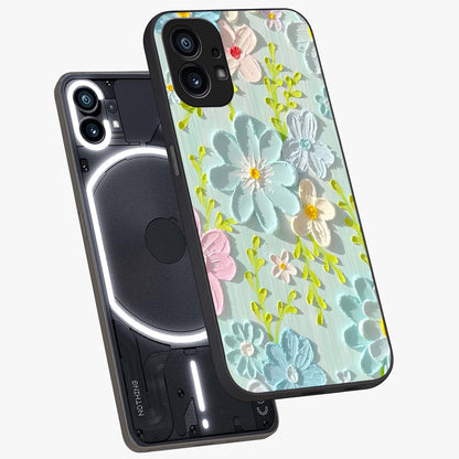 Frosted Petal Garden Glass Case displayed in angled mockup highlighting delicate flower petal design with calm garden aesthetic.