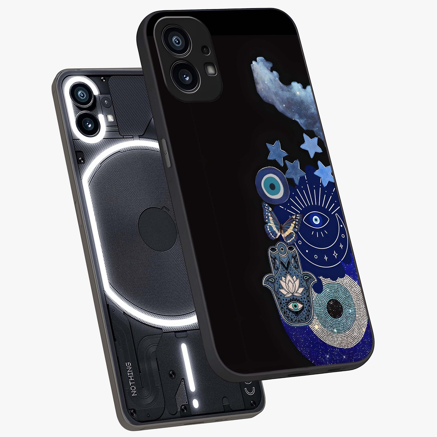 Galactic Charm Cluster Glass Case displayed in angled mockup highlighting luminous galaxy inspired design with dreamy aesthetic.