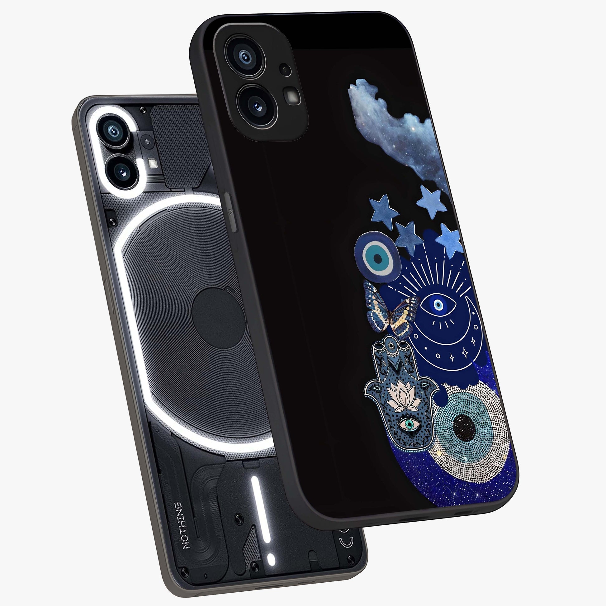 Galactic Charm Cluster Glass Case displayed in angled mockup highlighting luminous galaxy inspired design with dreamy aesthetic.