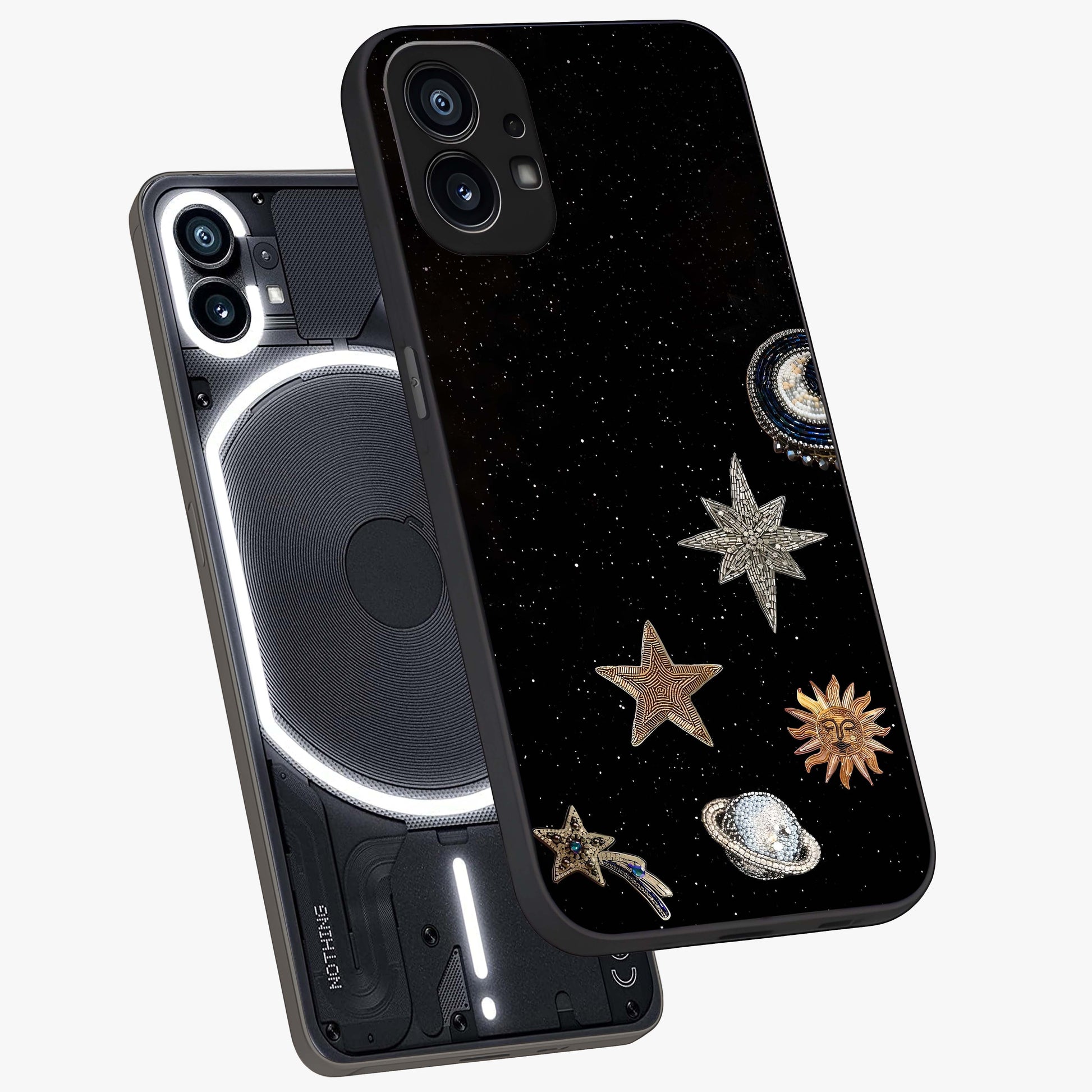 Galactic Charm Glow Glass Case displayed in angled mockup highlighting luminous galaxy inspired design with dreamy aesthetic.