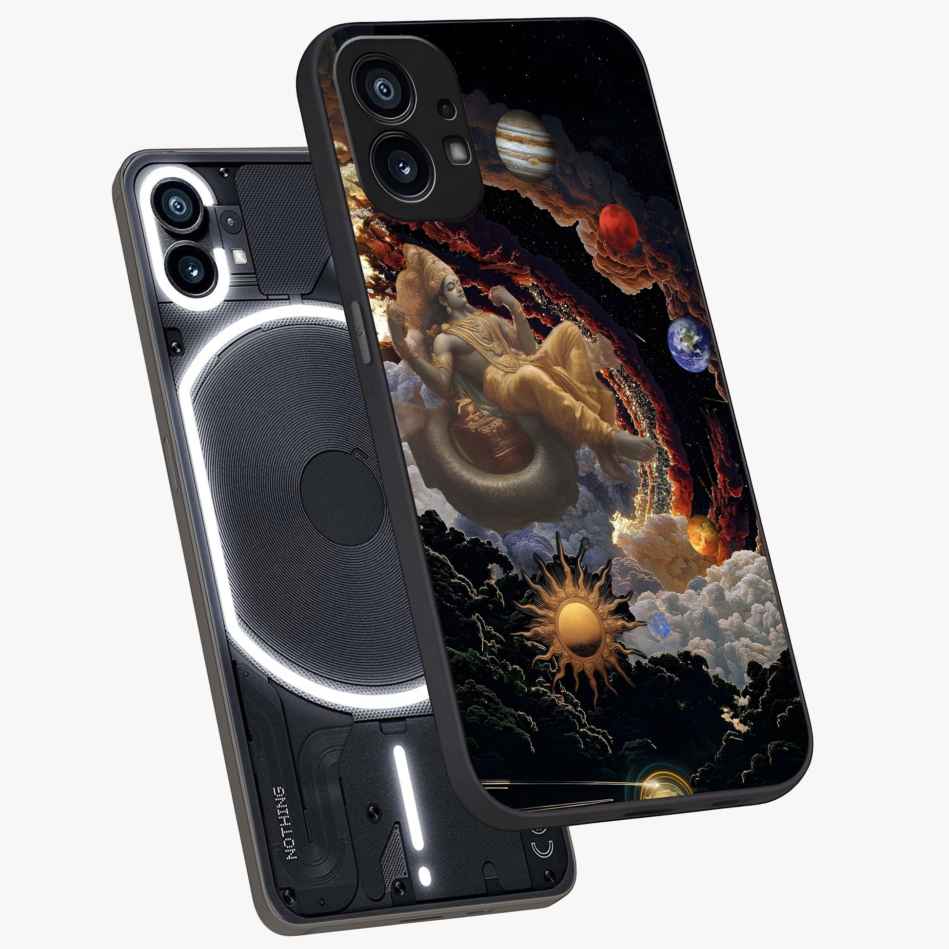 Galactic Divine God Glass Case displayed in angled mockup highlighting powerful celestial deity illustration with galactic aesthetic.