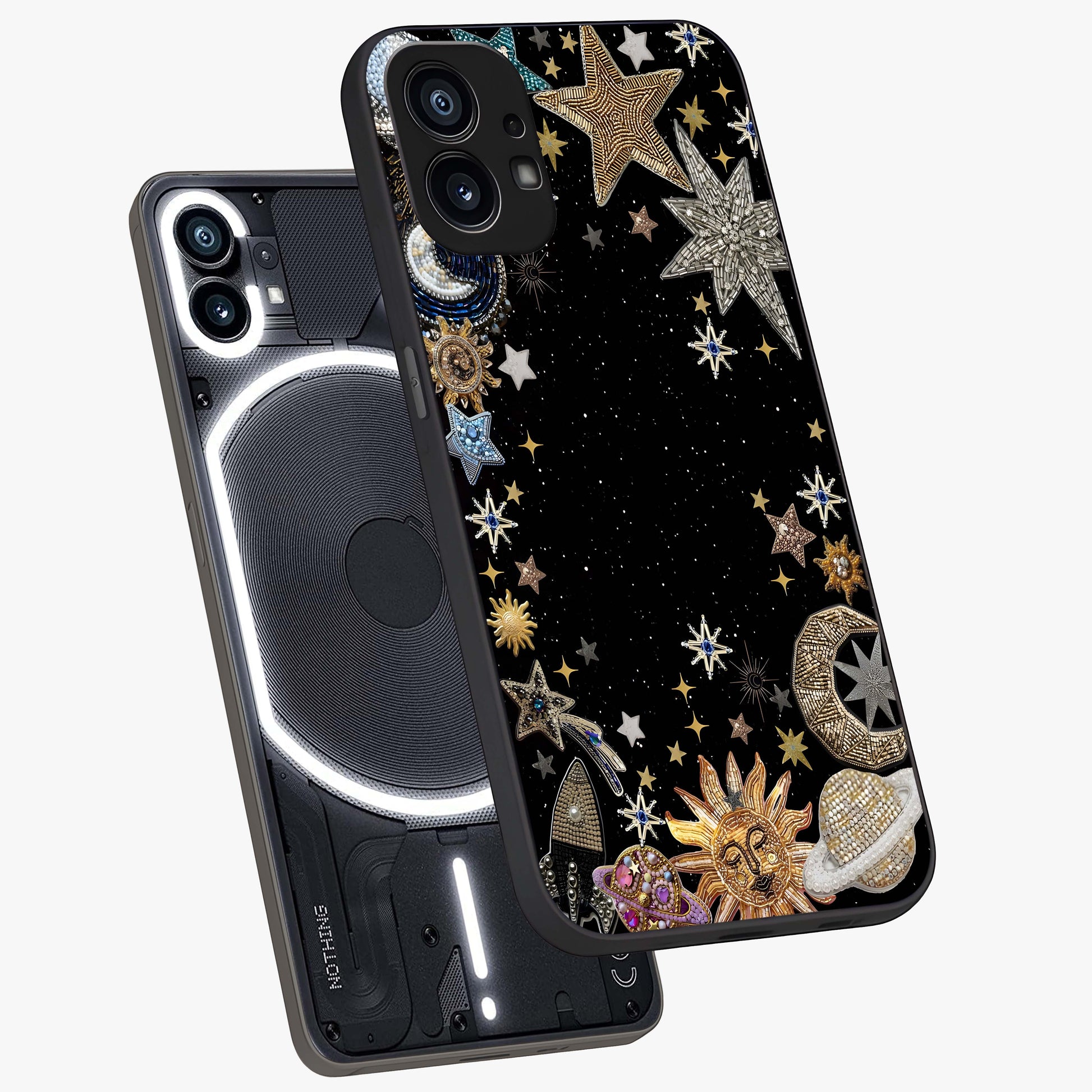 Galactic Jewel Stars Glass Case displayed in angled mockup highlighting shining celestial star design with cosmic aesthetic style.
