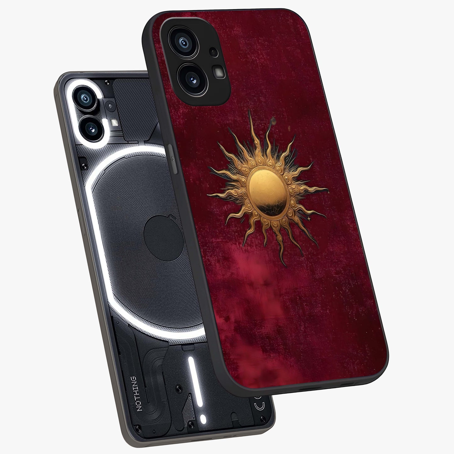 Golden Sun Minimalism Glass Case displayed in angled mockup highlighting clean sun symbol design with modern minimal aesthetic.