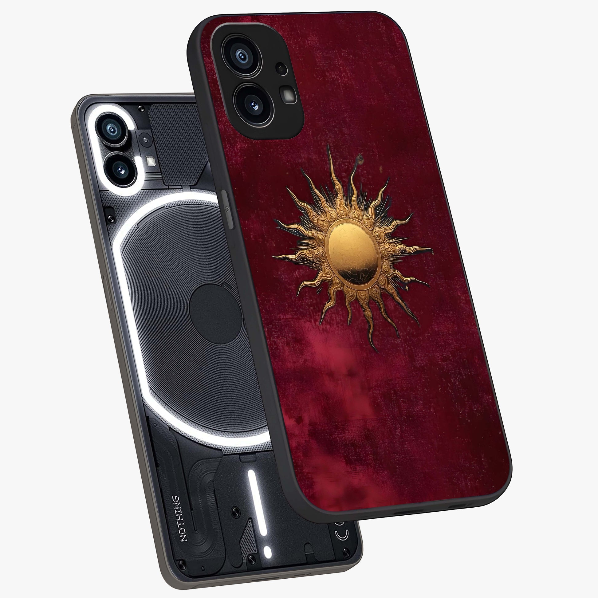 Golden Sun Minimalism Glass Case displayed in angled mockup highlighting clean sun symbol design with modern minimal aesthetic.