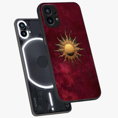 Golden Sun Minimalism Glass Case displayed in angled mockup highlighting clean sun symbol design with modern minimal aesthetic.