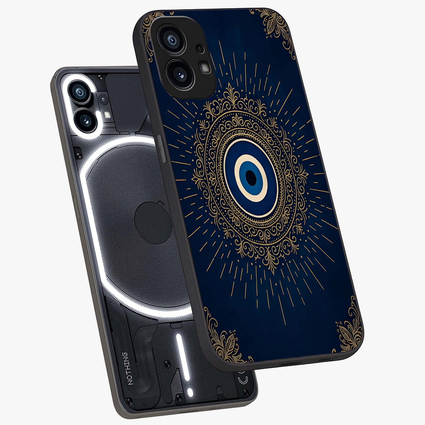 Golden Celestial Charm Glass Case displayed in angled mockup highlighting sparkling cosmic charm design with celestial aesthetic.