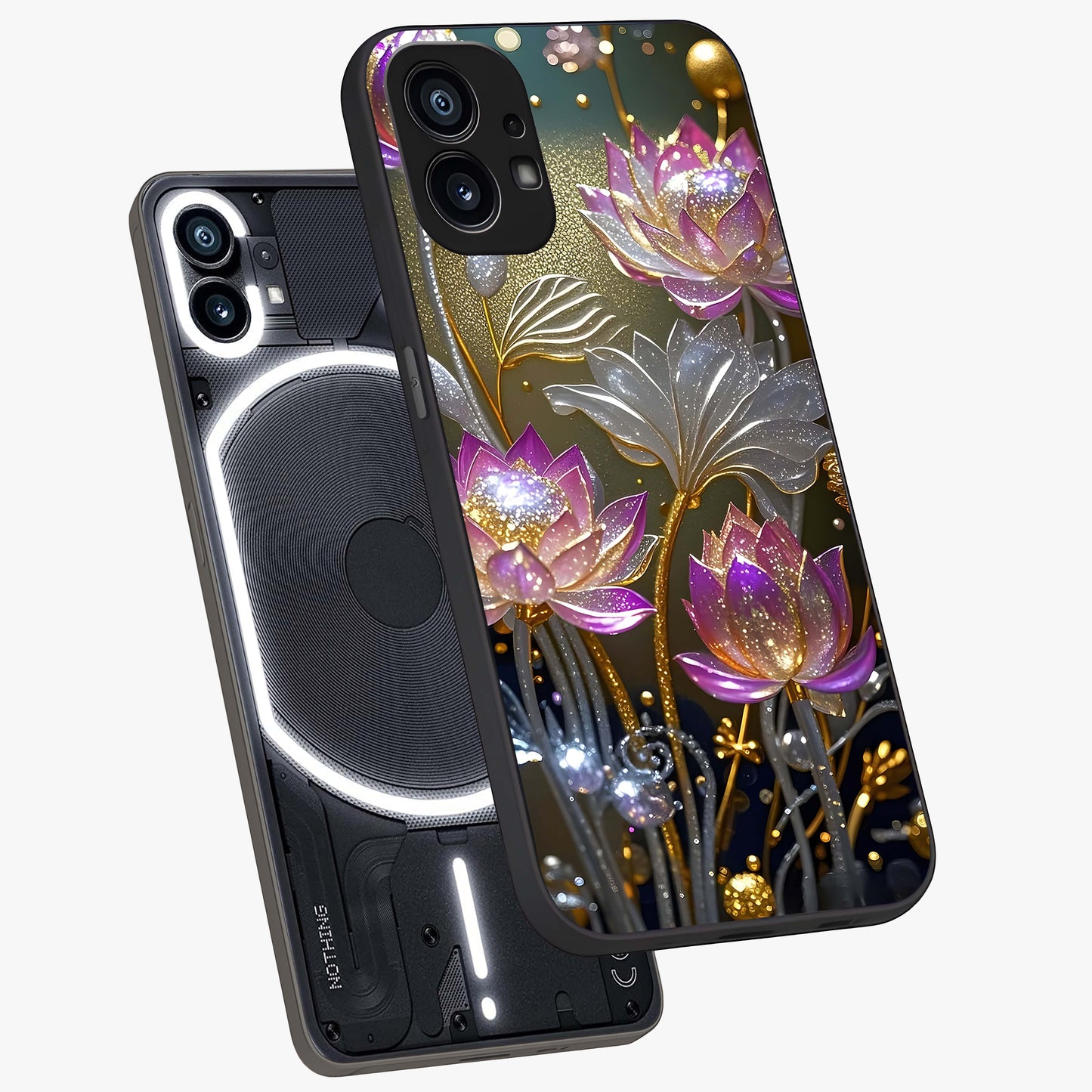 Golden Floral Majesty Glass Case displayed in angled mockup highlighting elegant flower design with royal golden aesthetic.