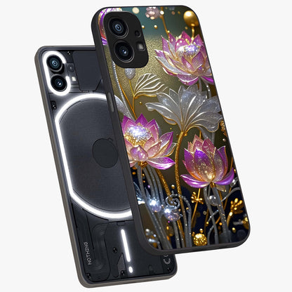 Golden Floral Majesty Glass Case displayed in angled mockup highlighting elegant flower design with royal golden aesthetic.