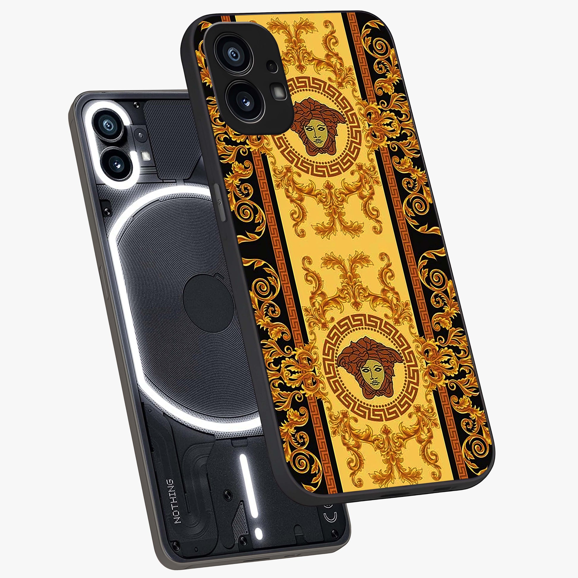 Golden Lotus Glow Glass Case displayed in angled mockup highlighting radiant lotus illustration with spiritual aesthetic.