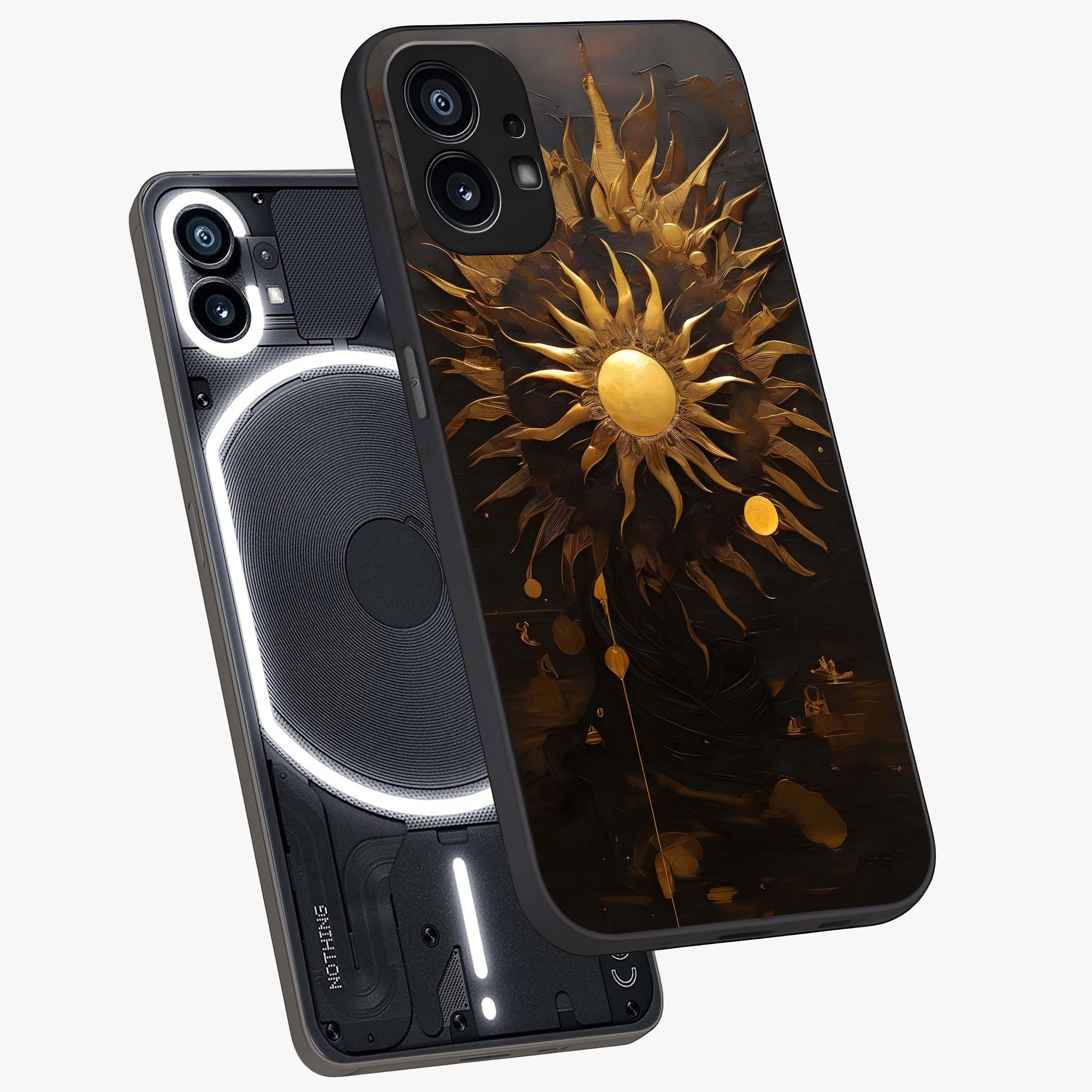 Golden Sun Majesty Glass Case displayed in angled mockup highlighting eerie shadow illustration with gothic aesthetic.