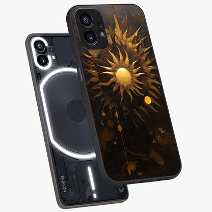 Golden Sun Majesty Glass Case displayed in angled mockup highlighting eerie shadow illustration with gothic aesthetic.