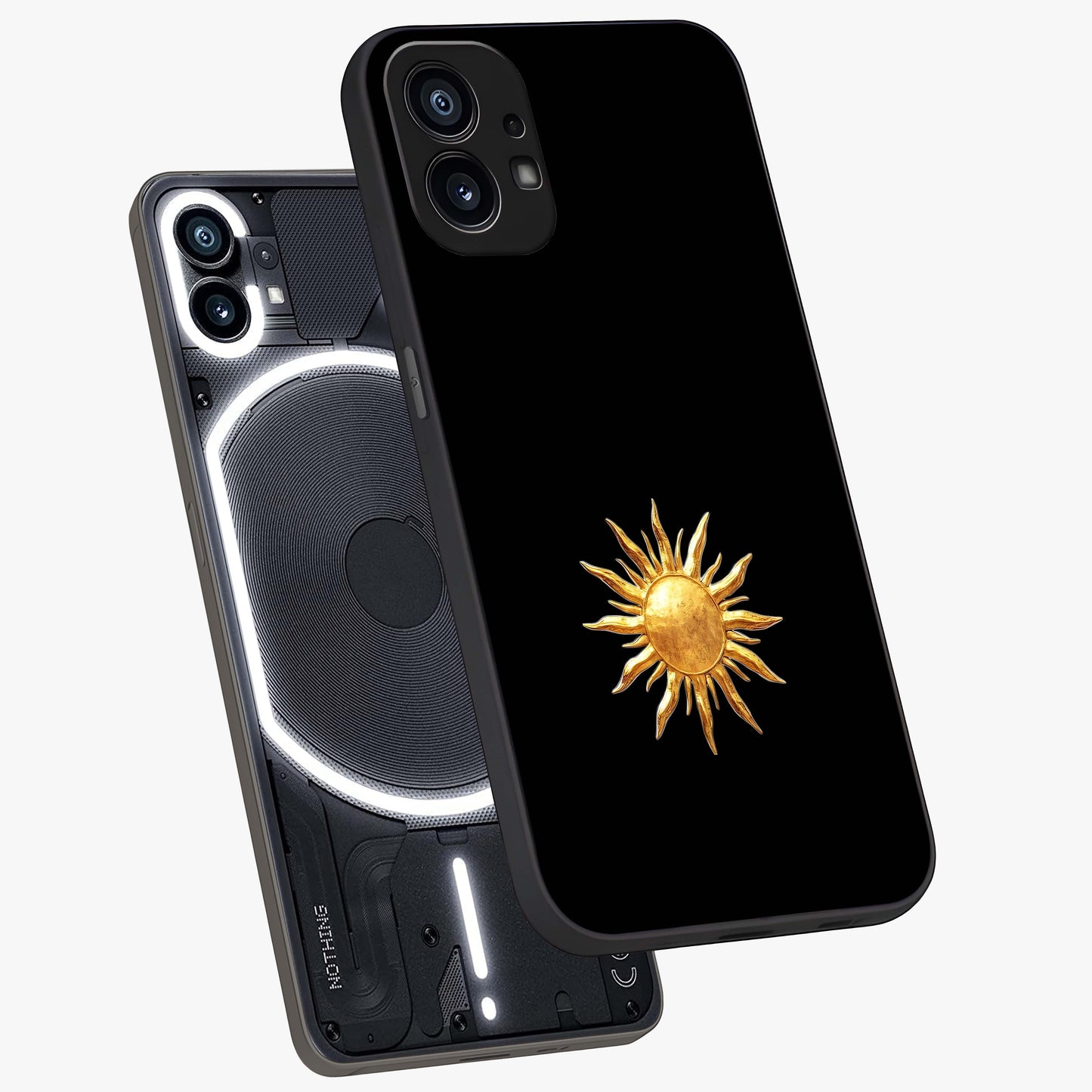 Golden Sun Minimalism Glass Case displayed in angled mockup highlighting eerie shadow illustration with gothic aesthetic.