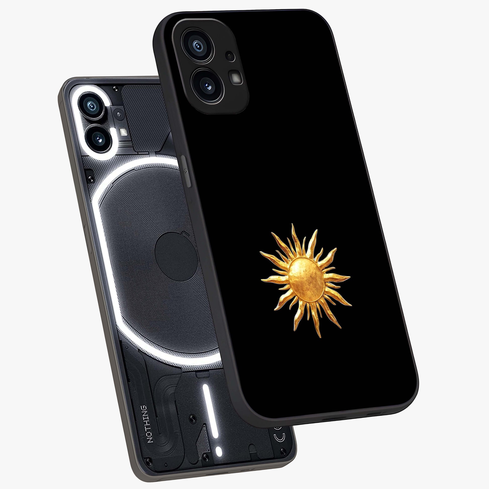 Golden Sun Minimalism Glass Case displayed in angled mockup highlighting eerie shadow illustration with gothic aesthetic.