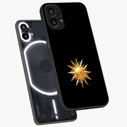 Golden Sun Minimalism Glass Case displayed in angled mockup highlighting eerie shadow illustration with gothic aesthetic.