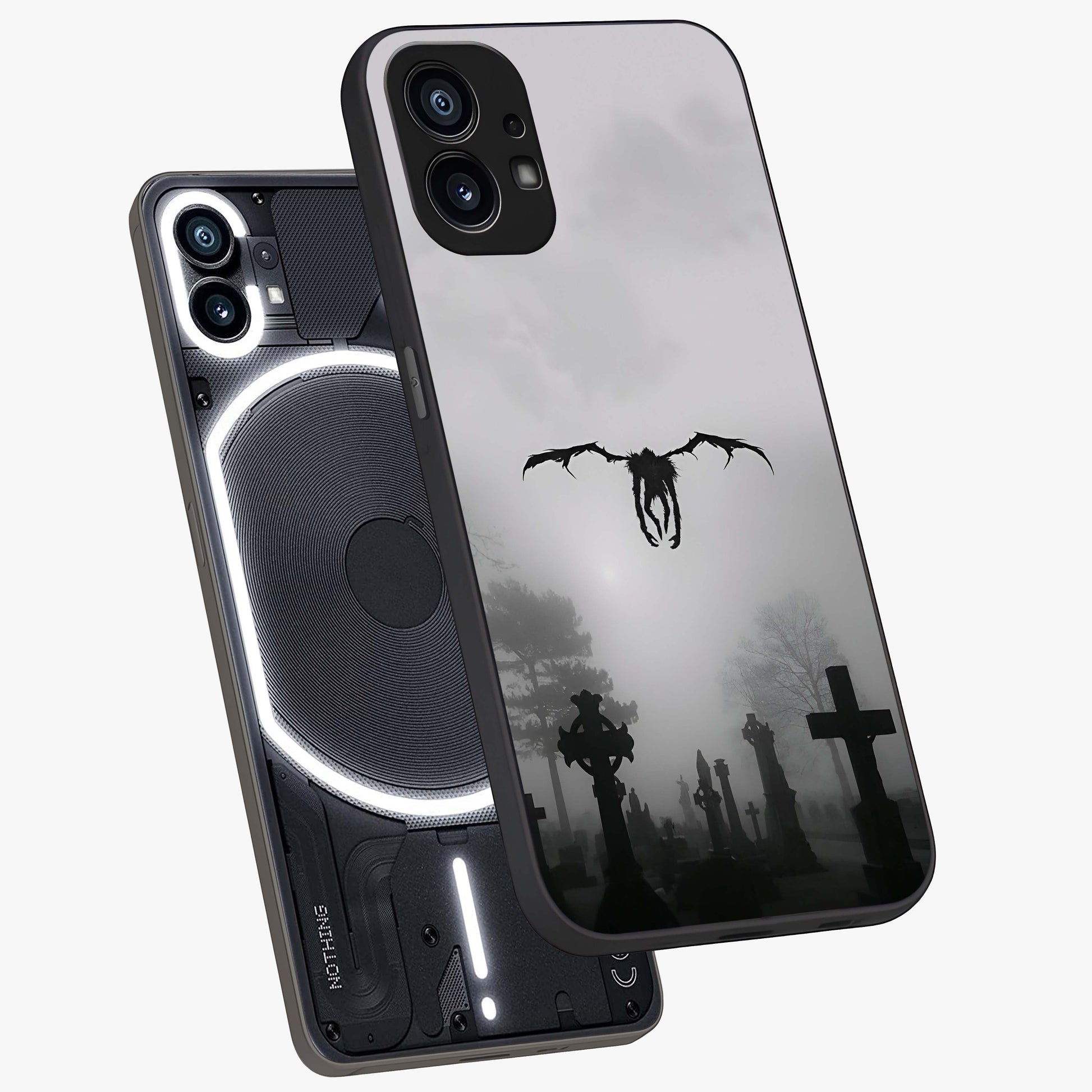 Graveyard Shadow Descent Glass Case displayed in angled mockup highlighting eerie shadow illustration with gothic aesthetic.