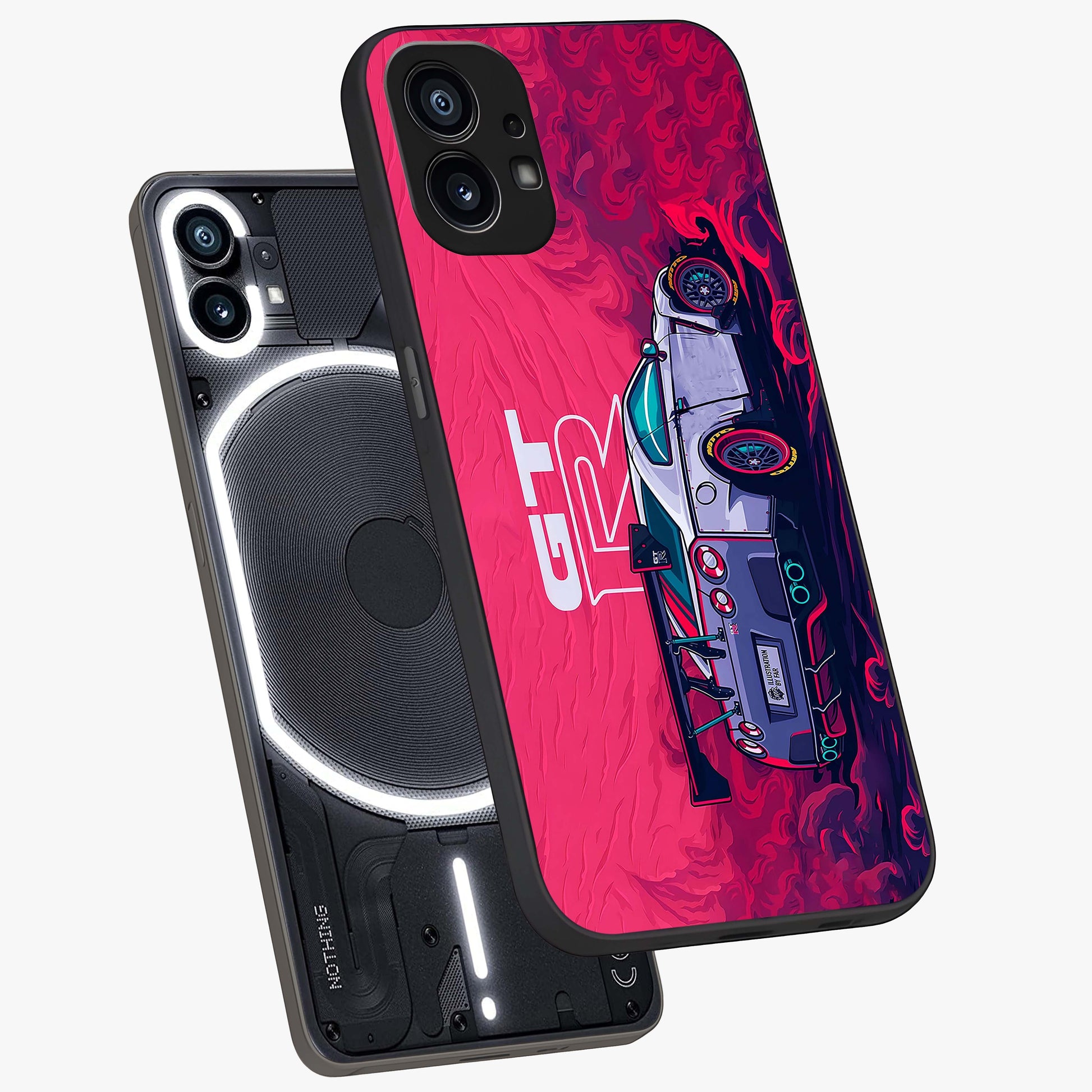 GT-R Car Pattern Glass Case displayed in angled mockup highlighting racing car graphic design with bold automotive aesthetic.